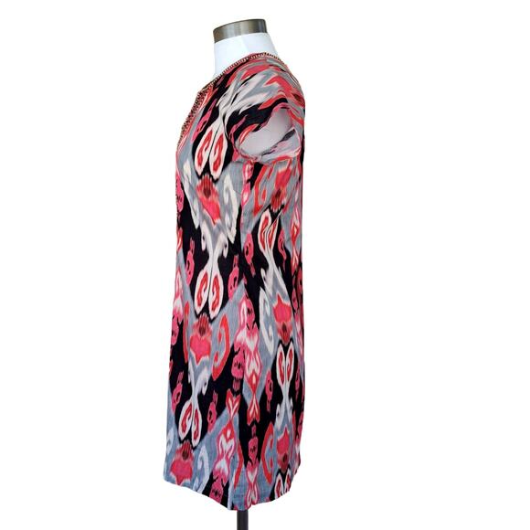 BELLA TU Ikat Hand Beaded Tunic Dress Size Small in Red Cap Sleeve - Picture 3 of 9